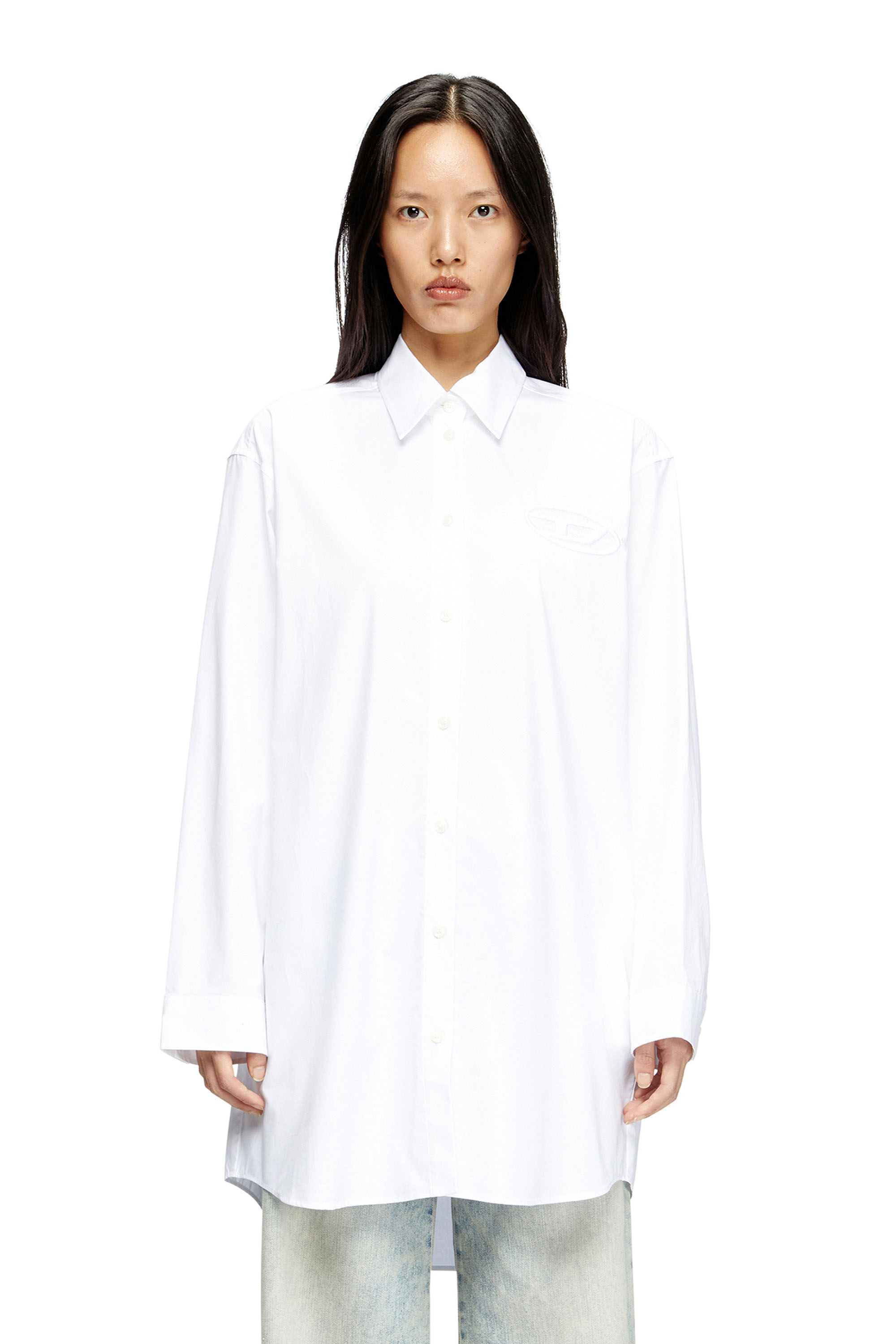 Diesel - D-DALIS, Woman's Short shirt dress with embroidered logo in White - 1