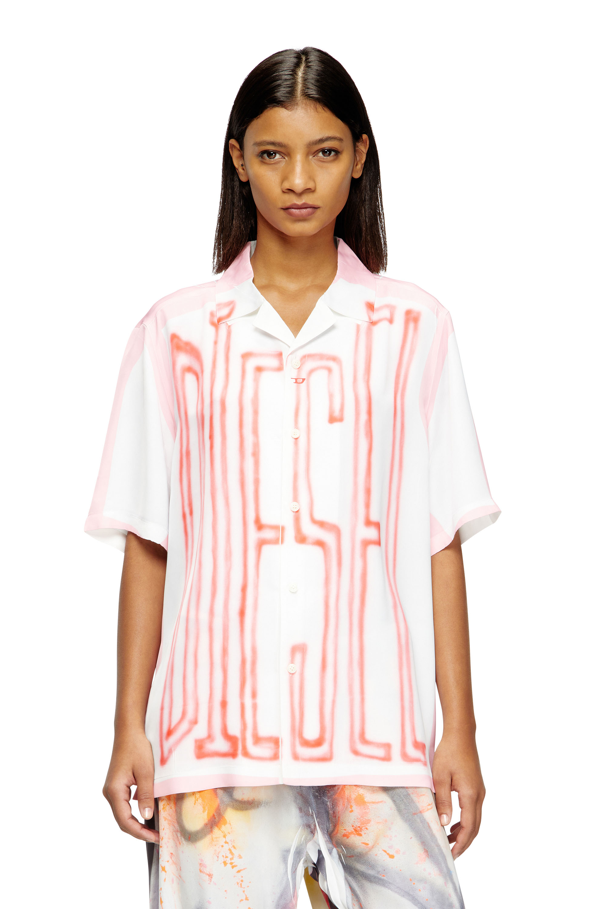 Diesel - C-PAROSHORT-GRAFFITI-FRA, Unisex's Satin bowling shirt with graffiti logo in Pink/White - 1
