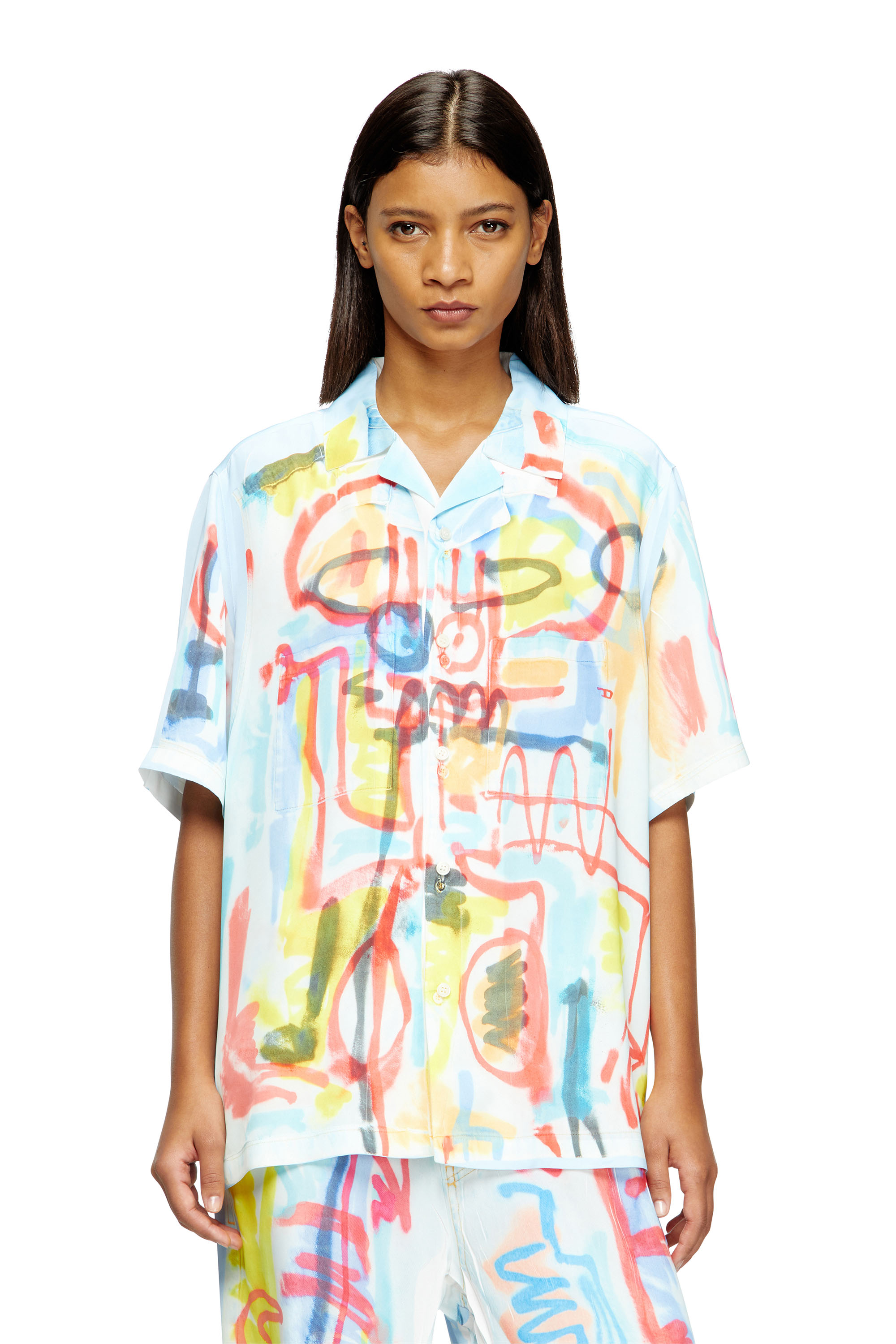 Diesel - C-PAROSHORT-GRAFFITI-AFR, Unisex's Satin bowling shirt with graffiti print in Light Blue - 1